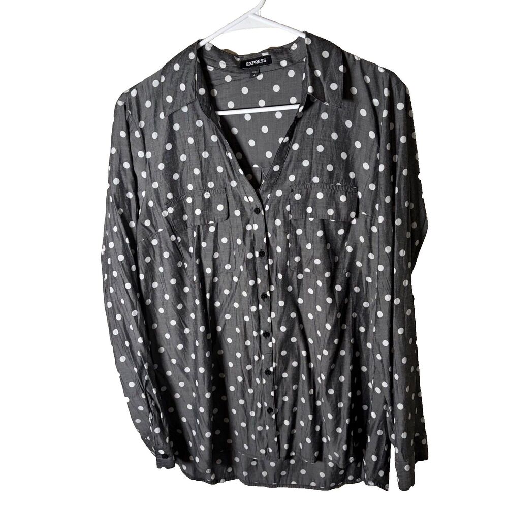 Express Blouse Women's Large Gray Button Up Polka Dot Long Sleeve Casual